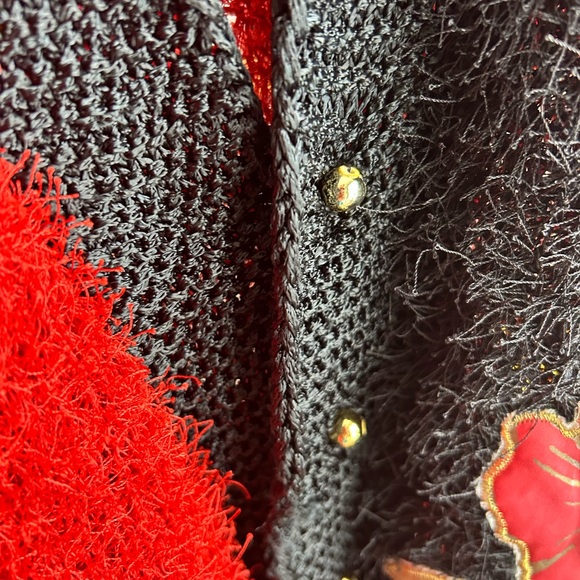 Vintage 80s 90s Red and Black Christmas Floral Patch Teddy Pullover Sweater XXL - Picture 9 of 16